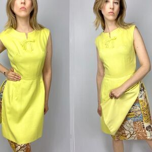 1960S vintage mad men pencil skirt wiggle cocktail dress. Yellow modest fitted